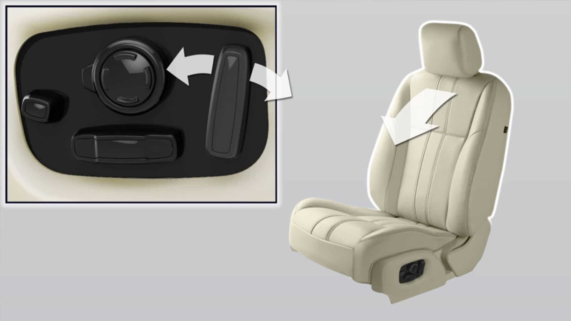 A Jaguar XJ car seat, with the seat adjustment control buttons.