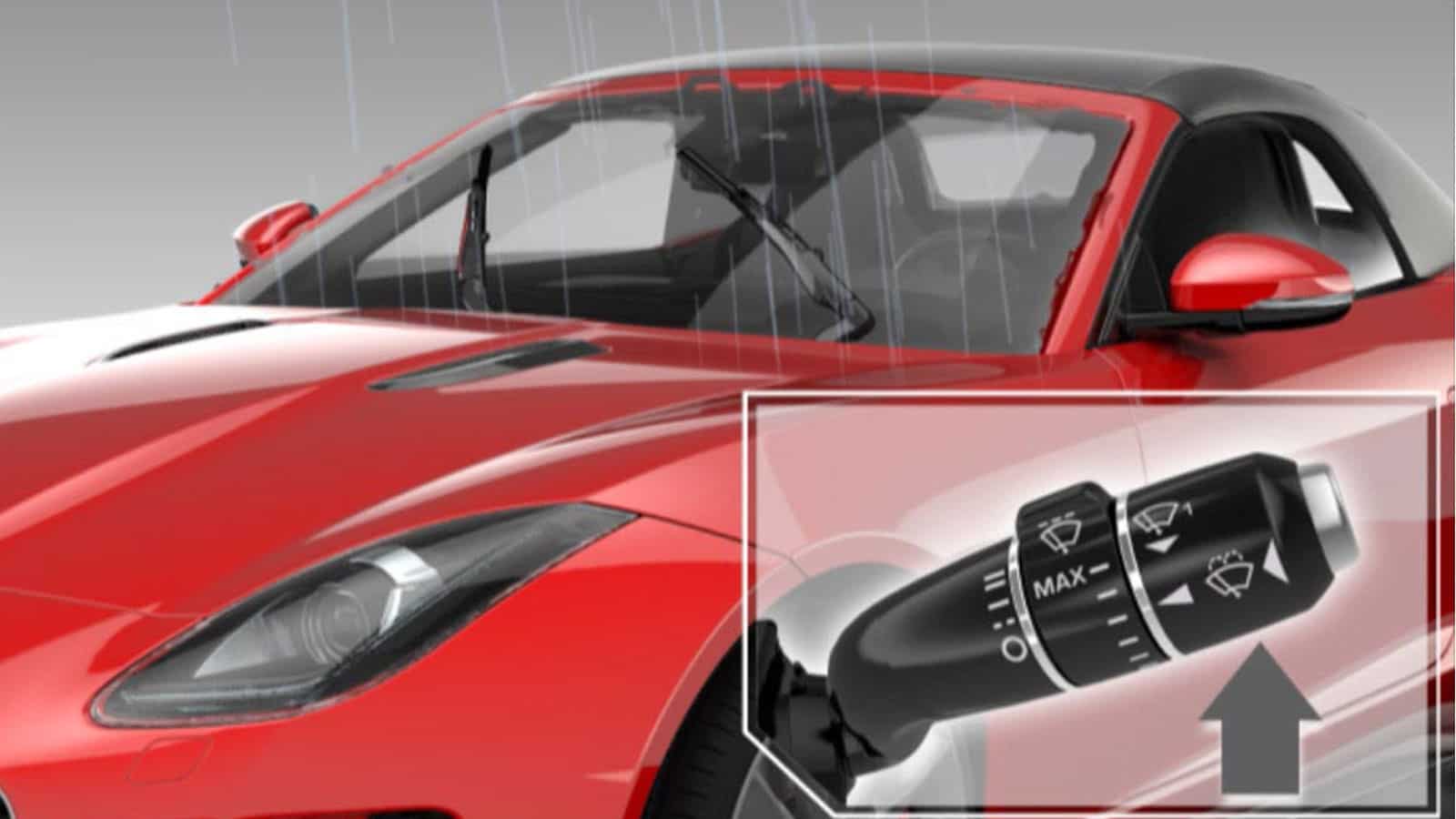 Red Jaguar F-Type With Close-Up Of Windscreen Wiper Controls