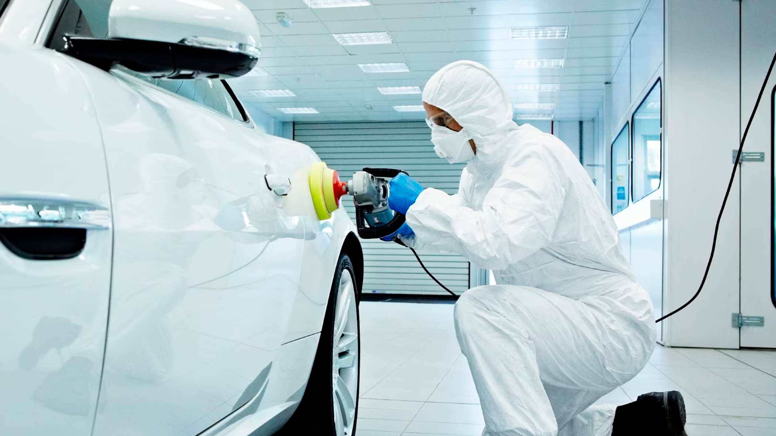 Person in service center performing paint protection on Jaguar F-Type